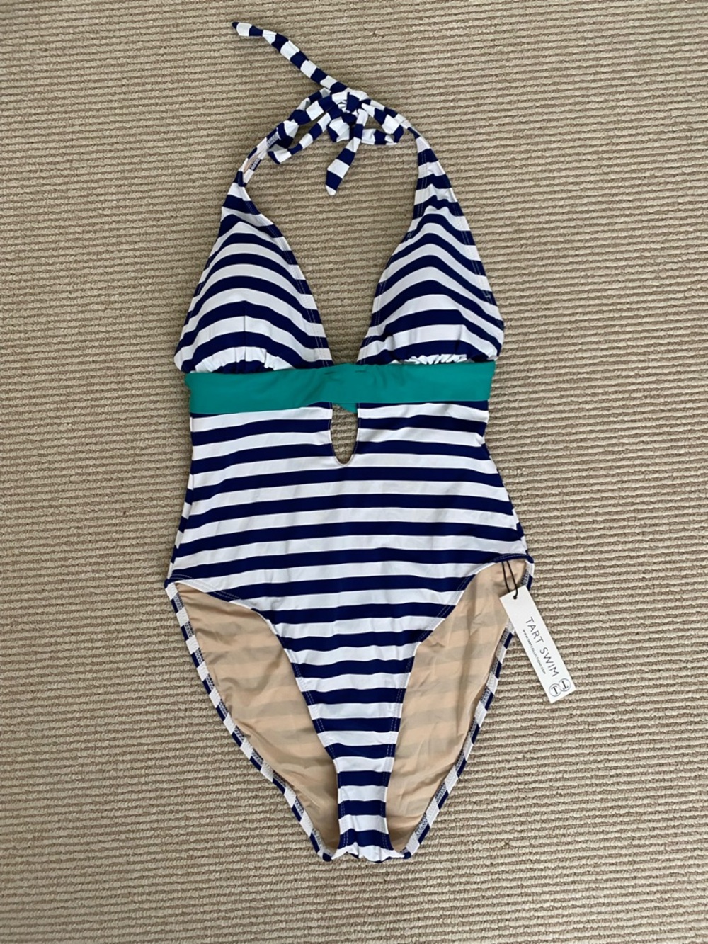 NWT Tart One-Piece Swimsuit Navy & White Stripe w/ Teal Band Nautical Coastal XS - Picture 1 of 5